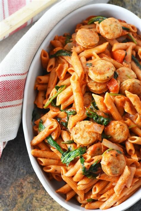 What is the recipe for Penne with Chicken Mango Sausage and Spinach?